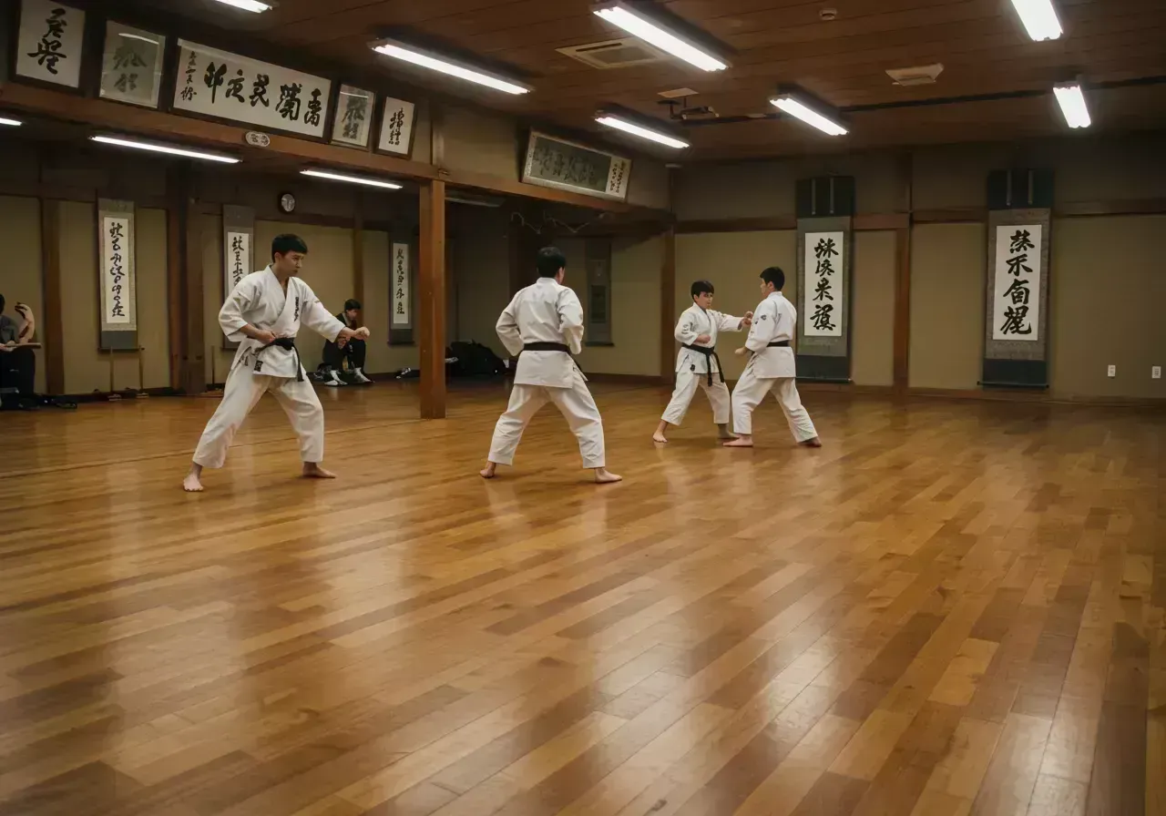 Na obrázku je tradiční japonské dojo s dřevěnou podlahou, kde několik bojovníků v bílých kimonech cvičí karate, zatímco na stěnách jsou vystaveny japonské kaligrafie.
