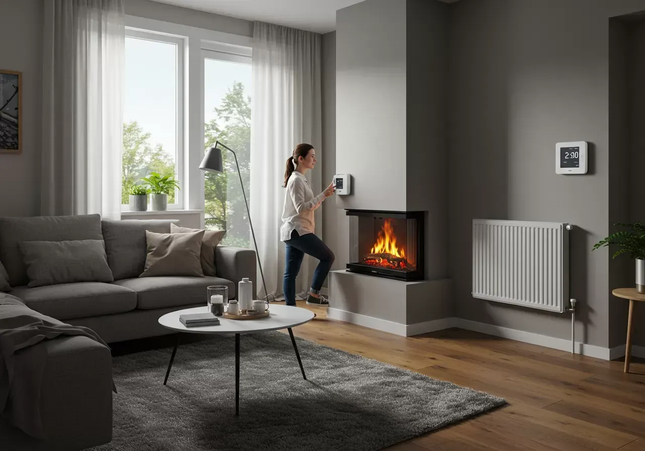 Na obrázku je útulný obývací pokoj v panelovém bytě, kde osoba pohodlně nastavuje topení pomocí moderního termostatu vedle radiátoru.