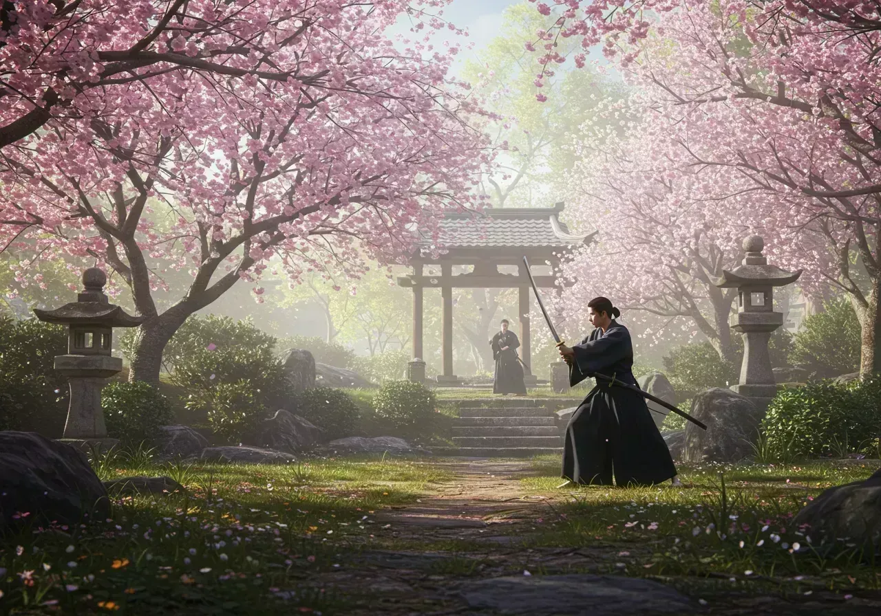 Na obrázku je samuraj cvičící iaido, který v klidné japonské zahradě s květy třešní přesně a kontrolovaně vytahuje katanu.
